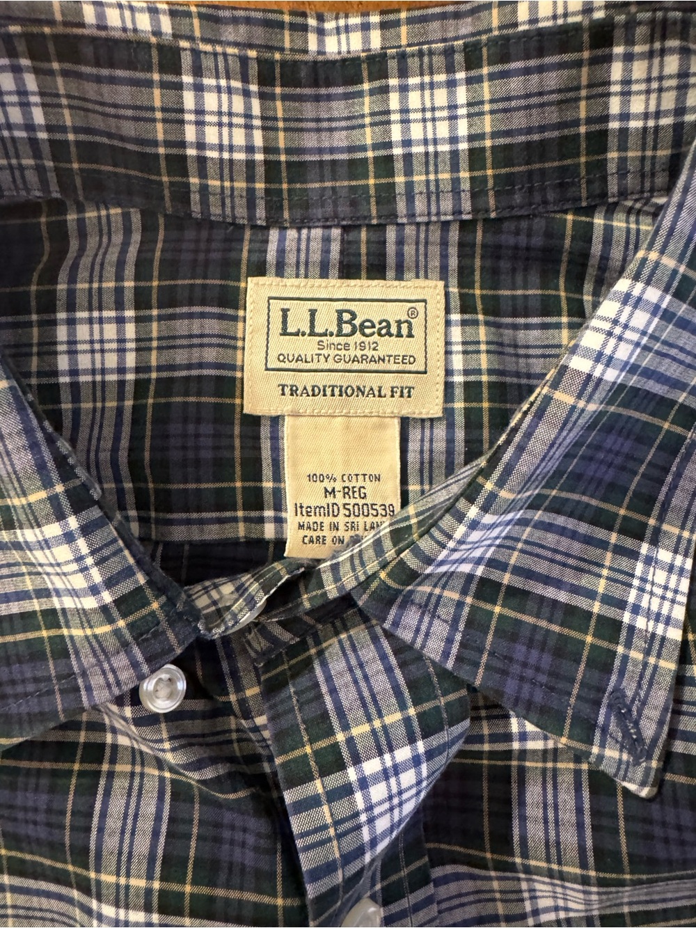 L.L. Bean Plaid Button-Down Shirt in Navy, Green & White